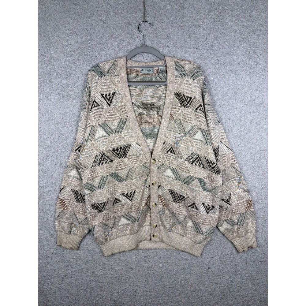 Vintage Alfani Made In Italy Knit Cardigan Geometric Grandpa Sweater Size XL